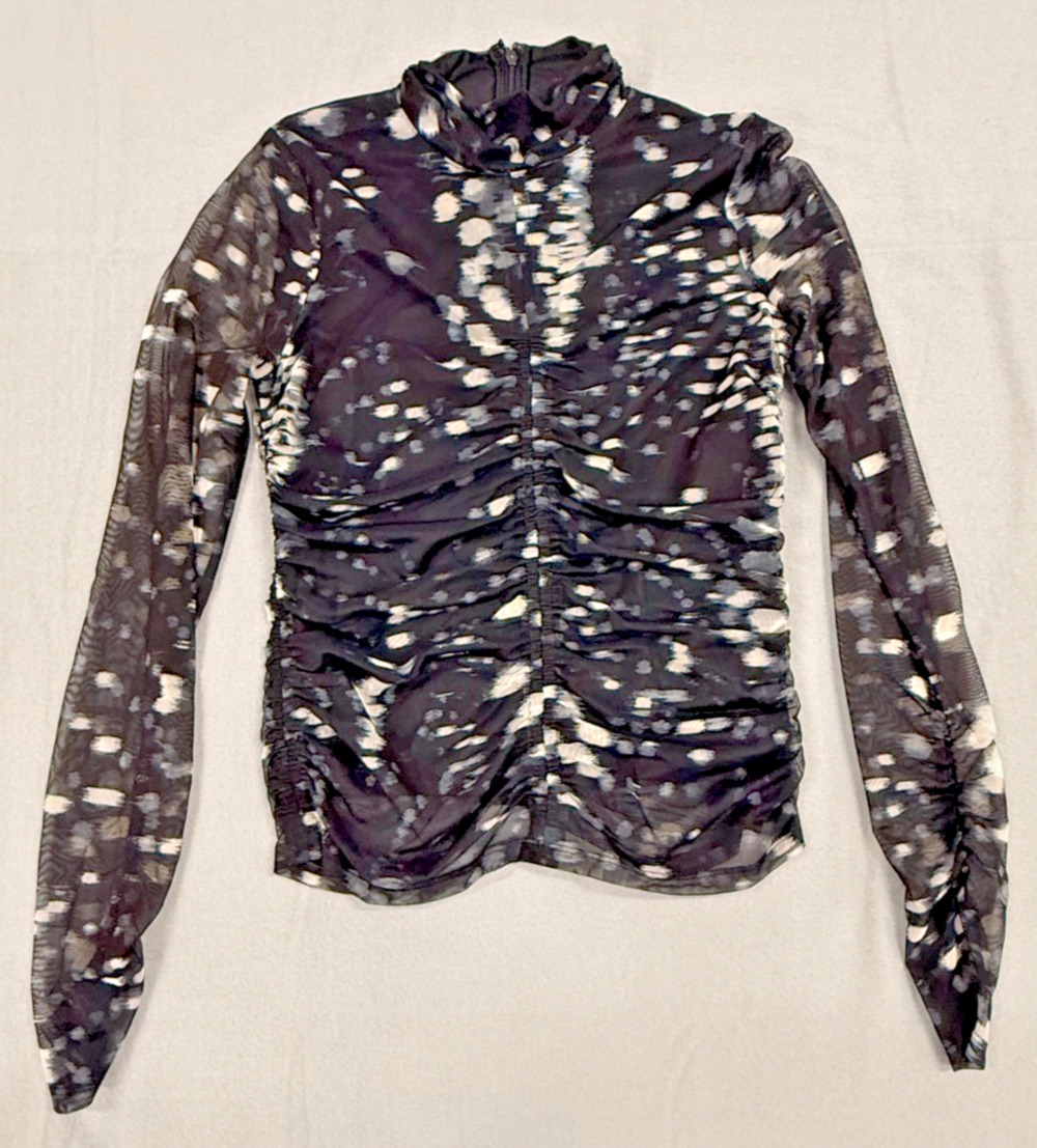 Dkny Top Womens Small Black White Abstract Print Mesh Ruched Mock Neck Party NWT